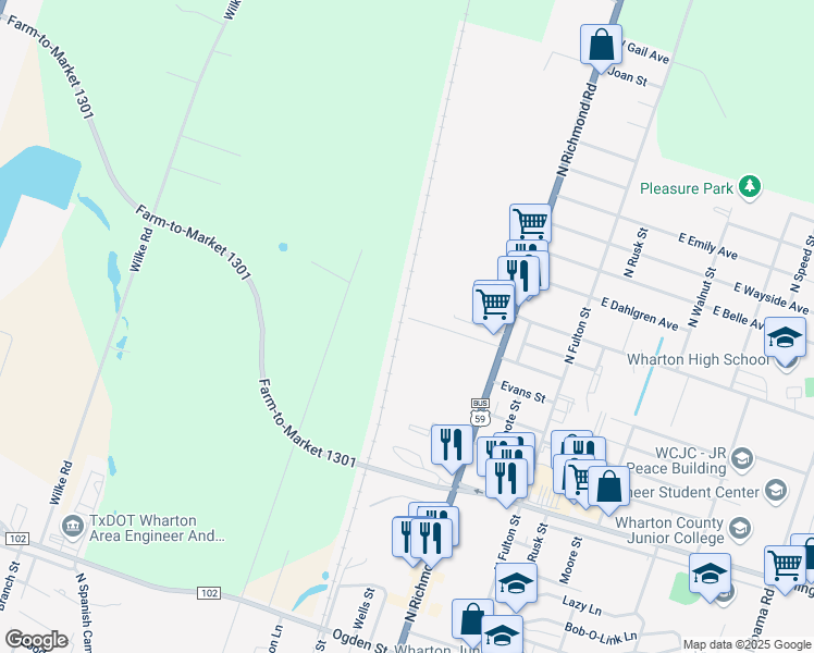 map of restaurants, bars, coffee shops, grocery stores, and more near 611 Reed Avenue in Wharton