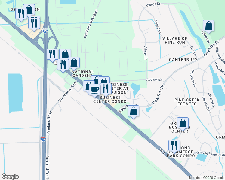 map of restaurants, bars, coffee shops, grocery stores, and more near 10 Bella Vita Way in Ormond Beach
