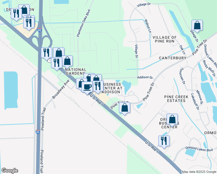 map of restaurants, bars, coffee shops, grocery stores, and more near 10 Bella Vita Way in Ormond Beach
