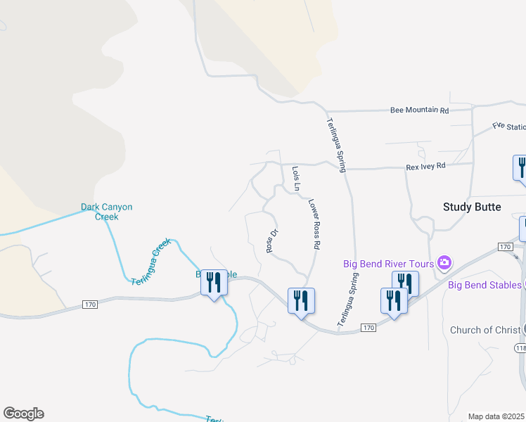map of restaurants, bars, coffee shops, grocery stores, and more near Lower Ross Road in Terlingua