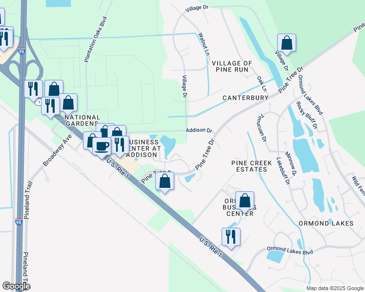 map of restaurants, bars, coffee shops, grocery stores, and more near 3 Village Dr in Ormond Beach