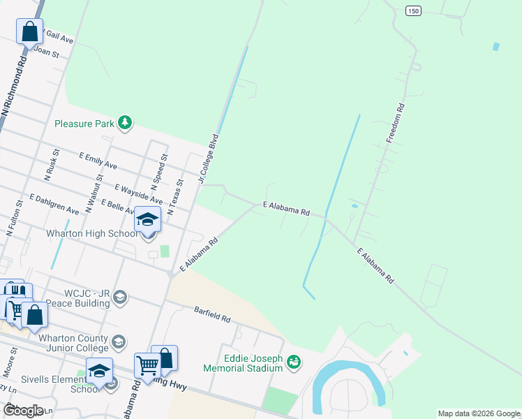 map of restaurants, bars, coffee shops, grocery stores, and more near 130 Everett Lane in Wharton
