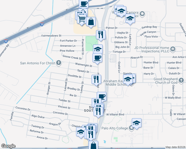 map of restaurants, bars, coffee shops, grocery stores, and more near 1915 Palo Alto Road in San Antonio