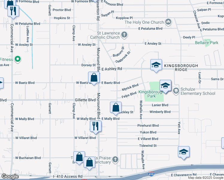 map of restaurants, bars, coffee shops, grocery stores, and more near 147 Gillette Boulevard in San Antonio
