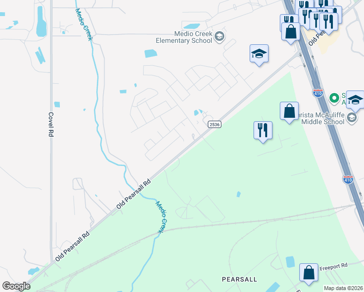 map of restaurants, bars, coffee shops, grocery stores, and more near 6925 Old Pearsall Road in San Antonio