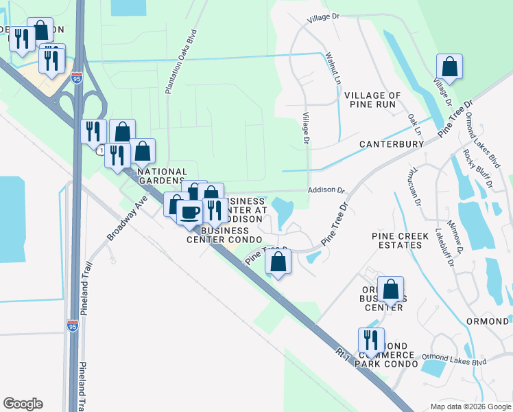map of restaurants, bars, coffee shops, grocery stores, and more near 140 Limewood Place in Ormond Beach