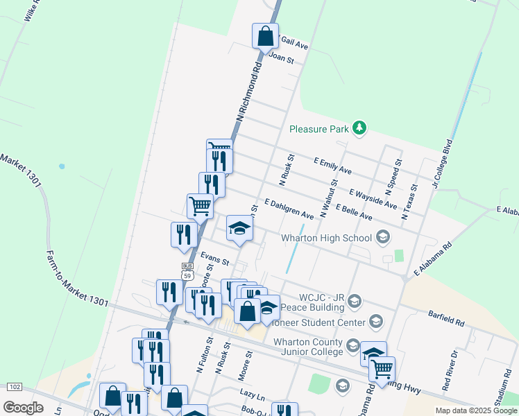 map of restaurants, bars, coffee shops, grocery stores, and more near 121 East Ahldag Avenue in Wharton
