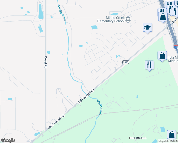 map of restaurants, bars, coffee shops, grocery stores, and more near 7159 Old Pearsall Road in San Antonio