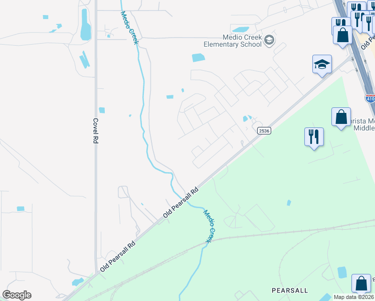 map of restaurants, bars, coffee shops, grocery stores, and more near 7159 Old Pearsall Road in San Antonio