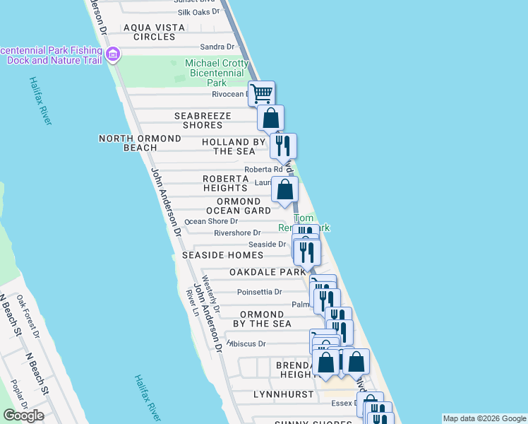 map of restaurants, bars, coffee shops, grocery stores, and more near 15 Margaret Road in Ormond Beach