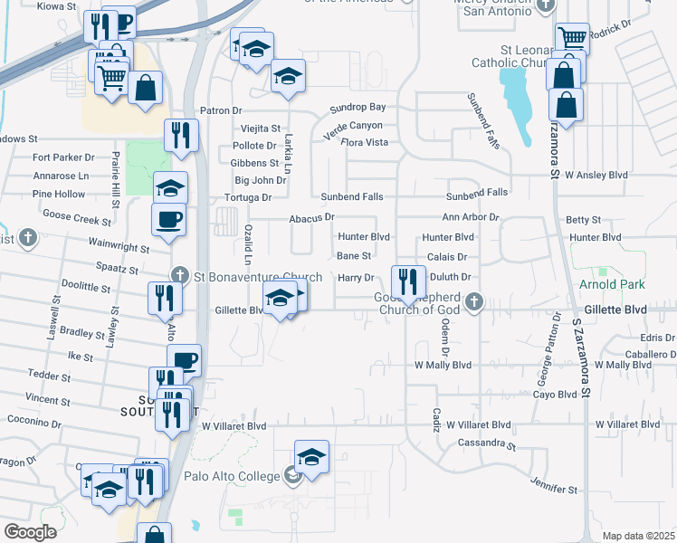 map of restaurants, bars, coffee shops, grocery stores, and more near 2127 Bane Street in San Antonio