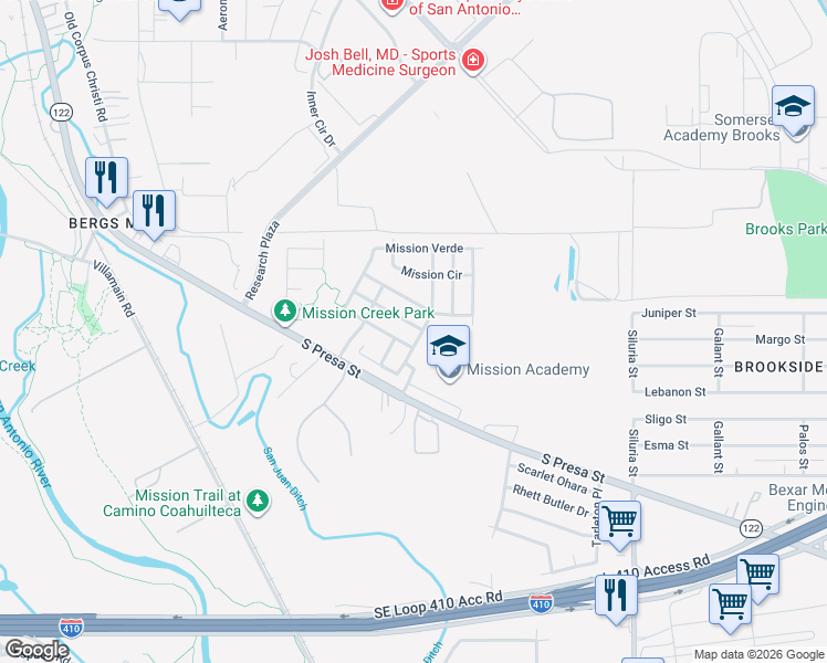map of restaurants, bars, coffee shops, grocery stores, and more near 2354 Mission View in San Antonio