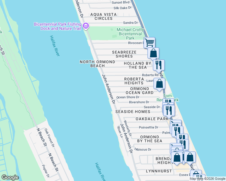 map of restaurants, bars, coffee shops, grocery stores, and more near 77 Carol Road in Ormond Beach