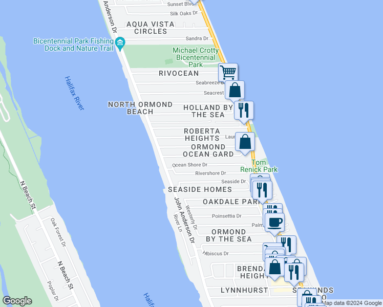 map of restaurants, bars, coffee shops, grocery stores, and more near 57B Carol Road in Ormond Beach