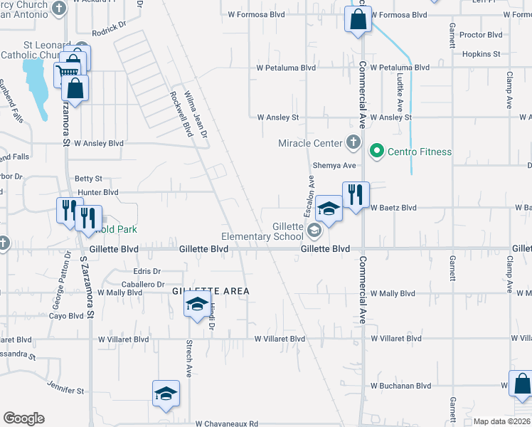 map of restaurants, bars, coffee shops, grocery stores, and more near 1107 West Baetz Boulevard in San Antonio