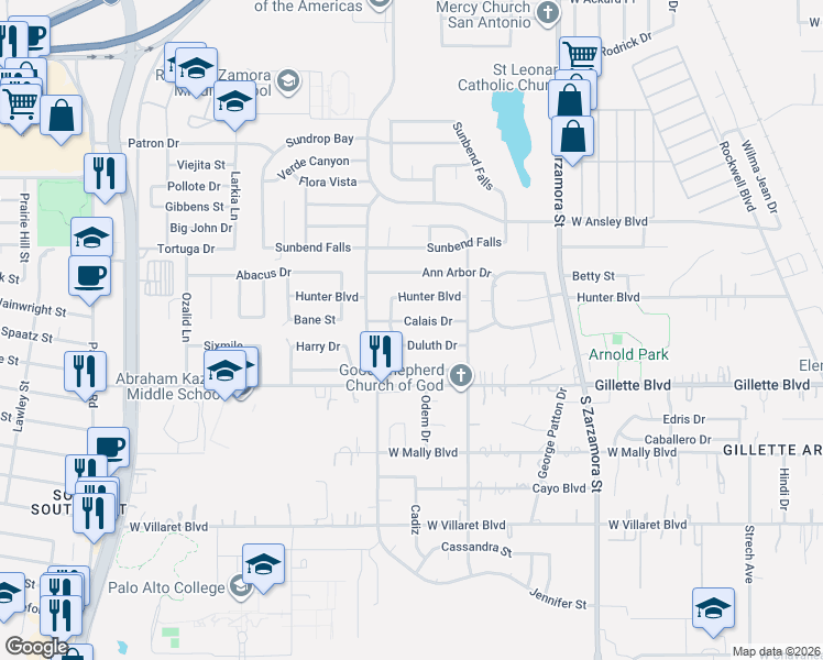 map of restaurants, bars, coffee shops, grocery stores, and more near 1935 Calais Drive in San Antonio