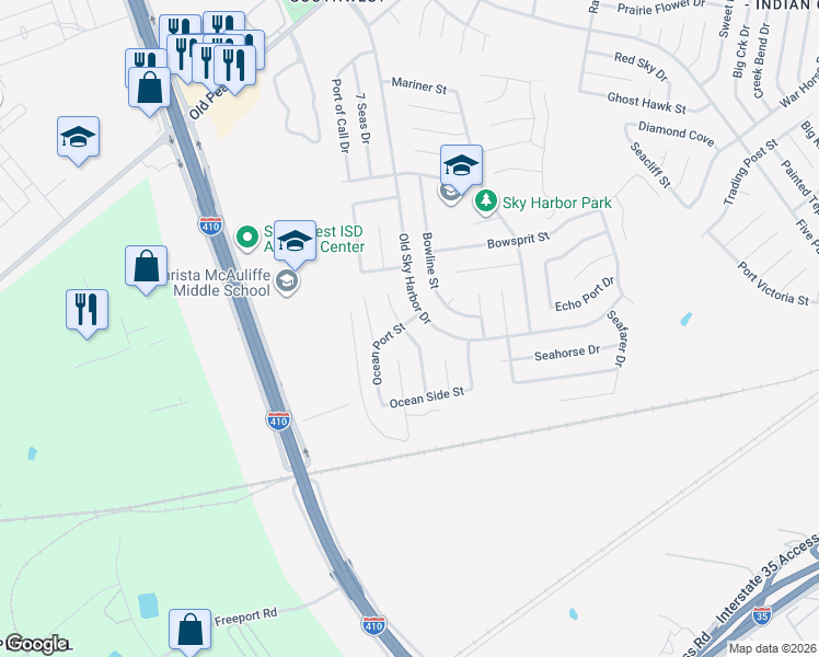 map of restaurants, bars, coffee shops, grocery stores, and more near 9006 Old Sky Harbor in San Antonio