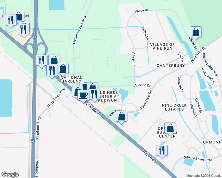 map of restaurants, bars, coffee shops, grocery stores, and more near 69 Bella Vita Way in Ormond Beach