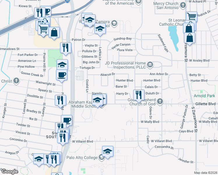 map of restaurants, bars, coffee shops, grocery stores, and more near 9034 Perma Lane in San Antonio