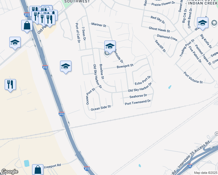 map of restaurants, bars, coffee shops, grocery stores, and more near 9059 Bowline Street in San Antonio