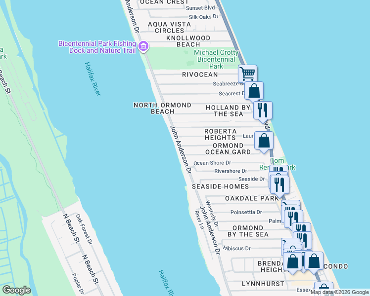 map of restaurants, bars, coffee shops, grocery stores, and more near 77 Carol Road in Ormond Beach