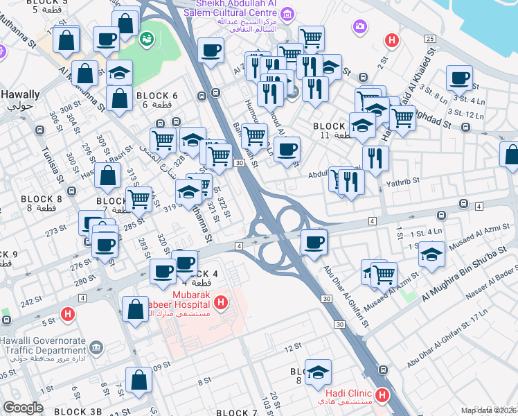 map of restaurants, bars, coffee shops, grocery stores, and more near Fahaheel Expressway in Kuwait City
