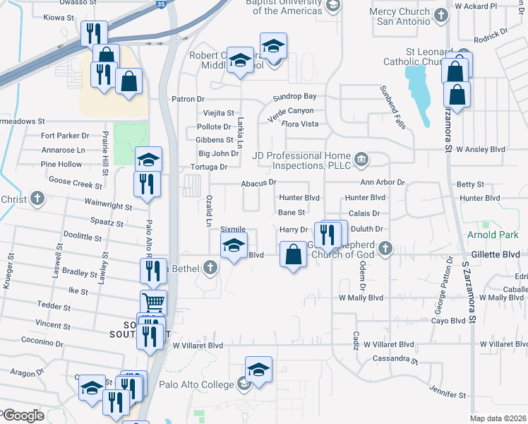 map of restaurants, bars, coffee shops, grocery stores, and more near 9034 Perma Lane in San Antonio