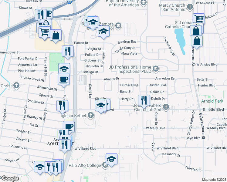 map of restaurants, bars, coffee shops, grocery stores, and more near 9034 Perma Lane in San Antonio