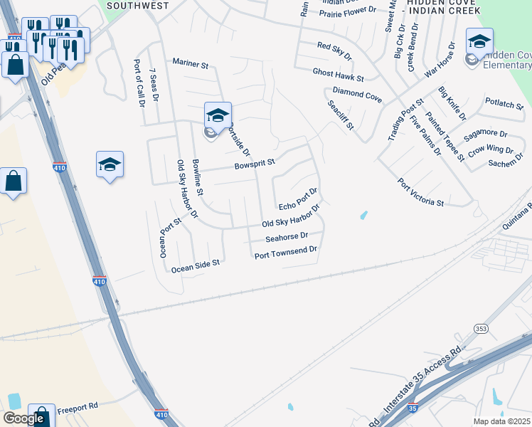 map of restaurants, bars, coffee shops, grocery stores, and more near 9058 Portside Drive in San Antonio