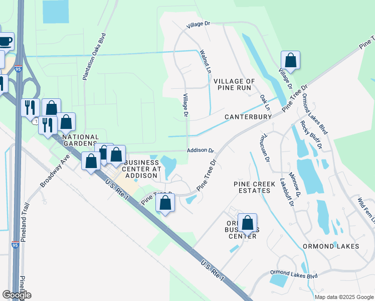 map of restaurants, bars, coffee shops, grocery stores, and more near 1 Village Drive in Ormond Beach
