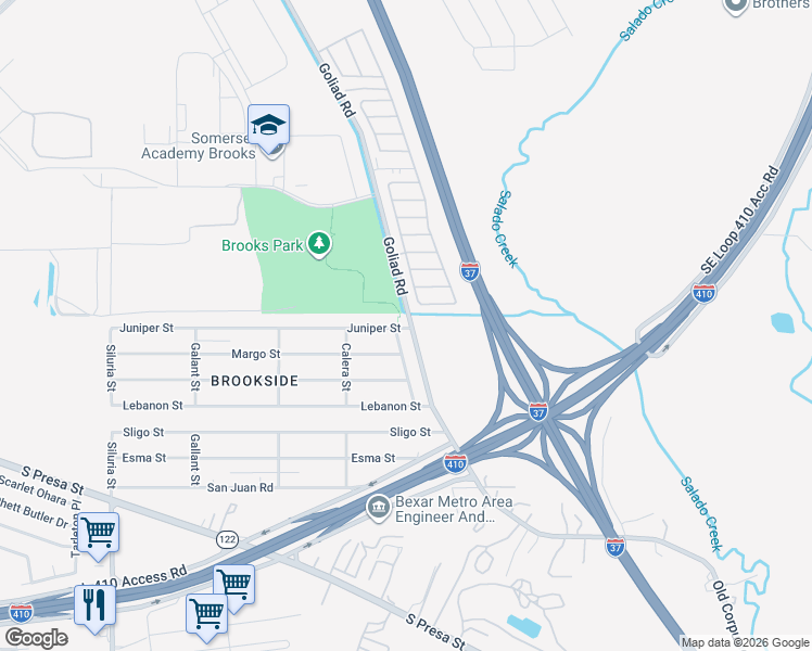 map of restaurants, bars, coffee shops, grocery stores, and more near 3606 Goliad Road in San Antonio