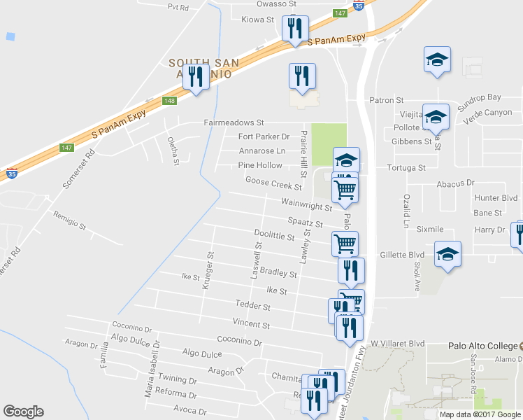map of restaurants, bars, coffee shops, grocery stores, and more near 303 Spaatz Street in San Antonio