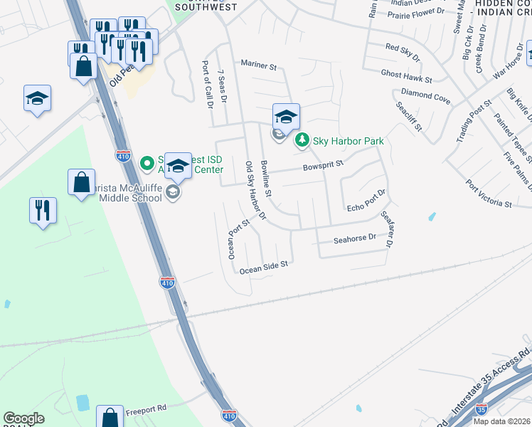 map of restaurants, bars, coffee shops, grocery stores, and more near 9006 Old Sky Harbor Drive in San Antonio