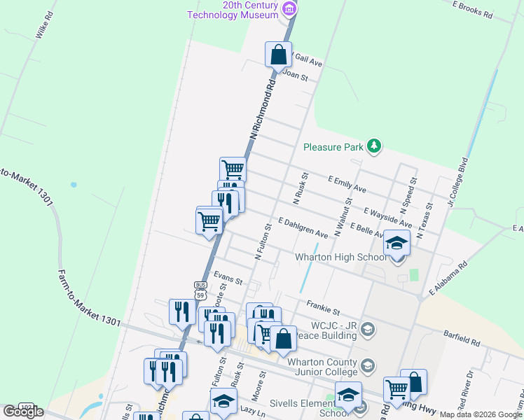 map of restaurants, bars, coffee shops, grocery stores, and more near 203 West Dahlgren Avenue in Wharton