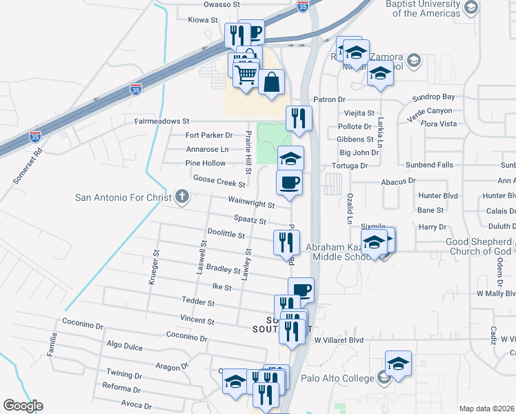 map of restaurants, bars, coffee shops, grocery stores, and more near 150 Wainwright Street in San Antonio