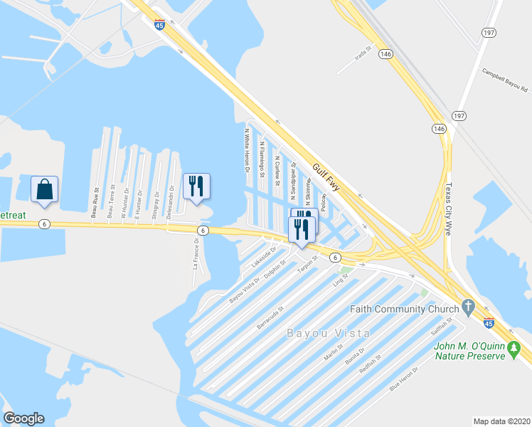 map of restaurants, bars, coffee shops, grocery stores, and more near 17 South Flamingo Street in La Marque