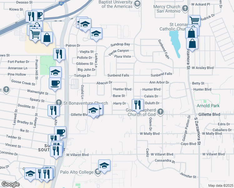 map of restaurants, bars, coffee shops, grocery stores, and more near 2127 Bane Street in San Antonio