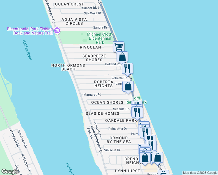 map of restaurants, bars, coffee shops, grocery stores, and more near 36 Carol Road in Ormond Beach