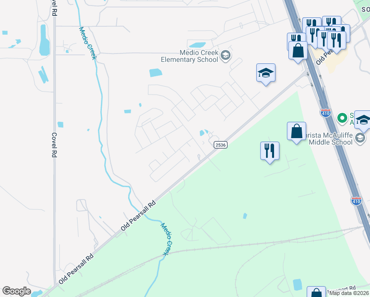 map of restaurants, bars, coffee shops, grocery stores, and more near 6895 Old Pearsall Road in San Antonio