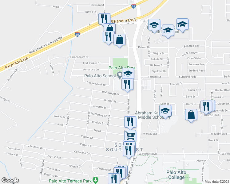 map of restaurants, bars, coffee shops, grocery stores, and more near 150 Wainwright Street in San Antonio