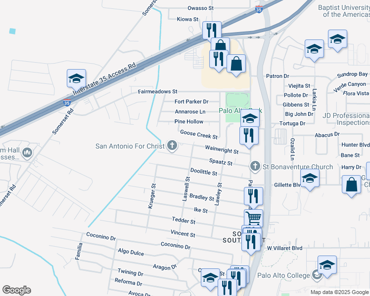 map of restaurants, bars, coffee shops, grocery stores, and more near 303 Spaatz Street in San Antonio