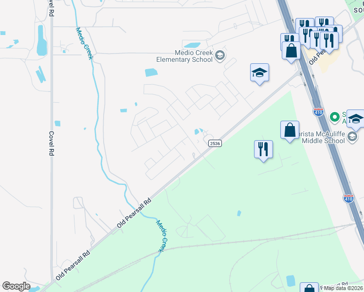 map of restaurants, bars, coffee shops, grocery stores, and more near 6895 Old Pearsall Road in San Antonio