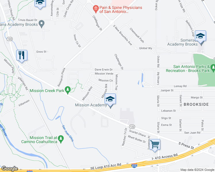 map of restaurants, bars, coffee shops, grocery stores, and more near 8922 Mission Brook in San Antonio