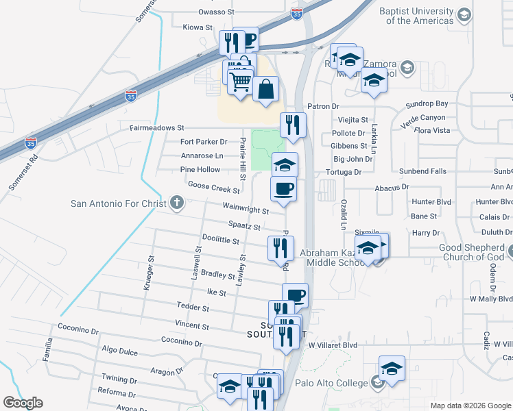 map of restaurants, bars, coffee shops, grocery stores, and more near 150 Wainwright Street in San Antonio