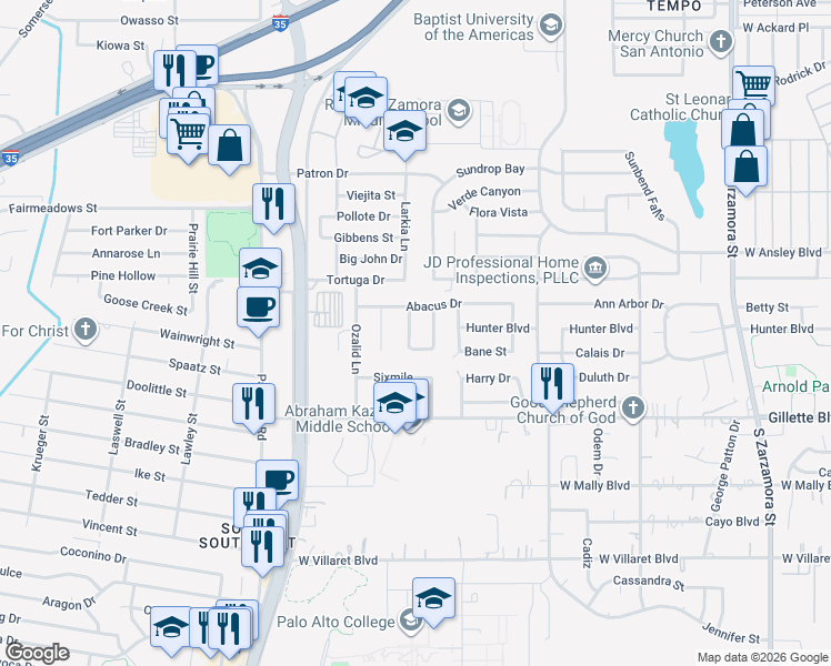 map of restaurants, bars, coffee shops, grocery stores, and more near 9035 Chaminade Drive in San Antonio