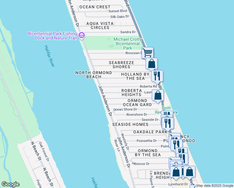 map of restaurants, bars, coffee shops, grocery stores, and more near 164 Laurie Drive in Ormond Beach