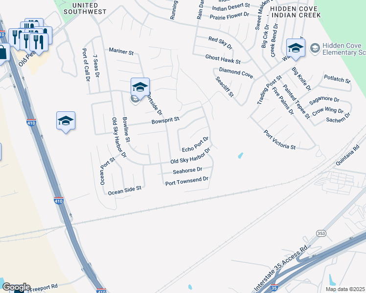 map of restaurants, bars, coffee shops, grocery stores, and more near 9058 Portside Drive in San Antonio