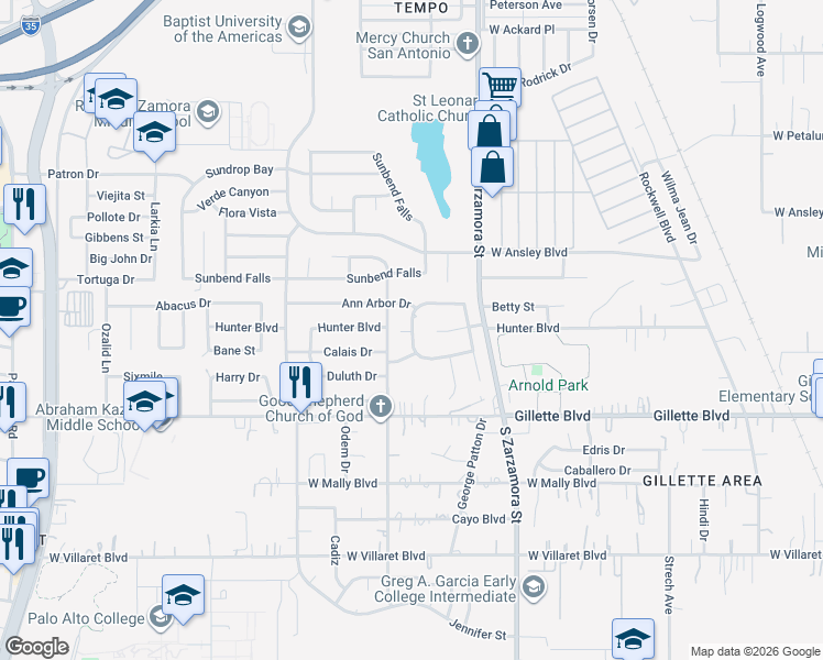 map of restaurants, bars, coffee shops, grocery stores, and more near 9110 Silver Spring in San Antonio
