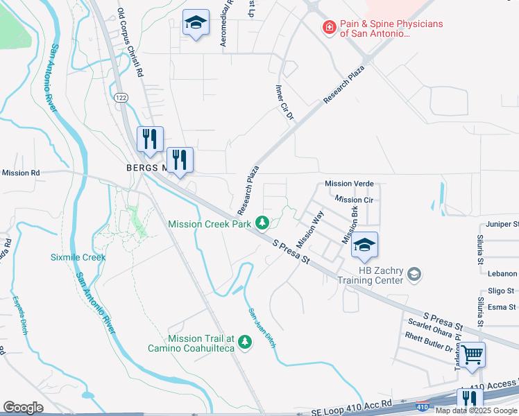 map of restaurants, bars, coffee shops, grocery stores, and more near 9111 Mission Pass in San Antonio