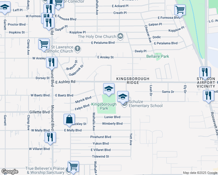 map of restaurants, bars, coffee shops, grocery stores, and more near 422 East Ashley Road in San Antonio
